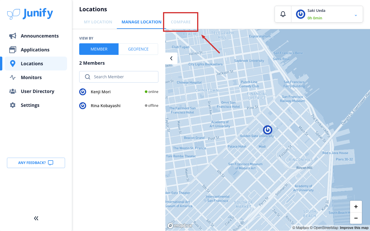 The members' locations page, with tabs at the top