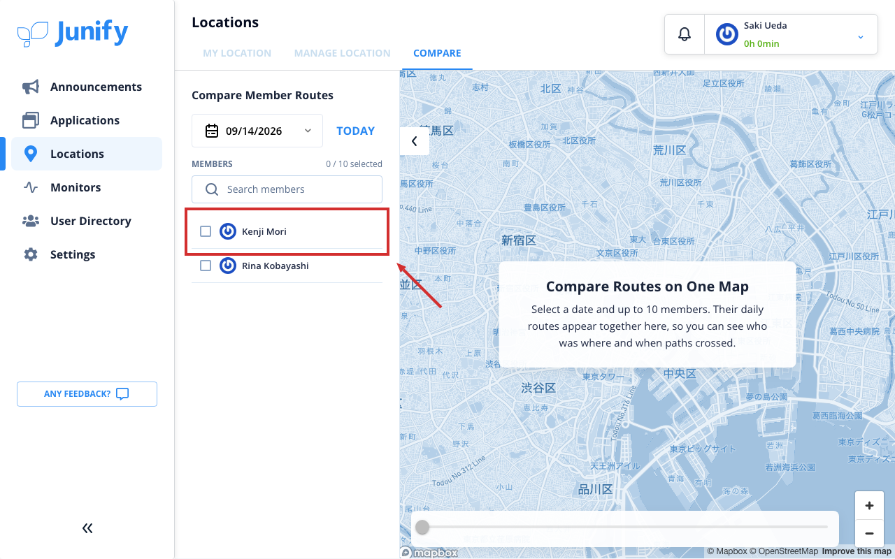 The page for comparing routes, with a list of members to choose from