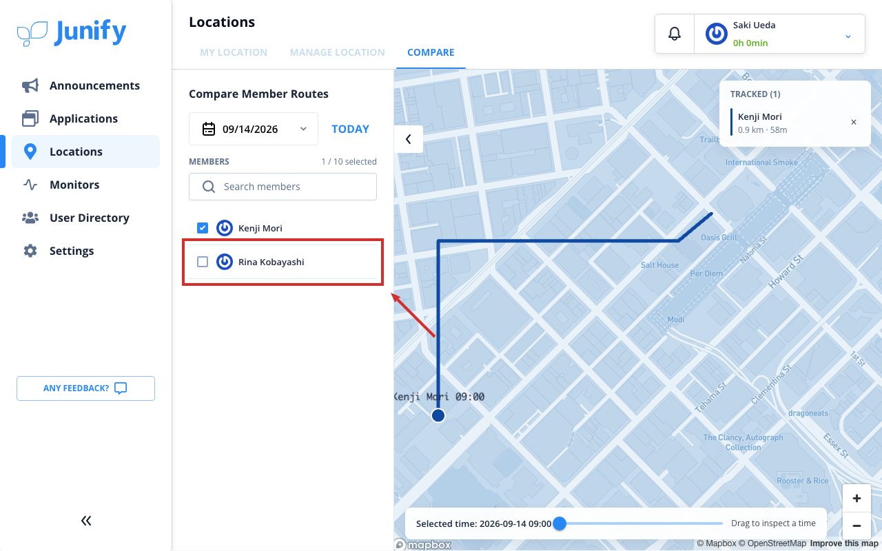 The page for comparing routes, with one member checked in the list