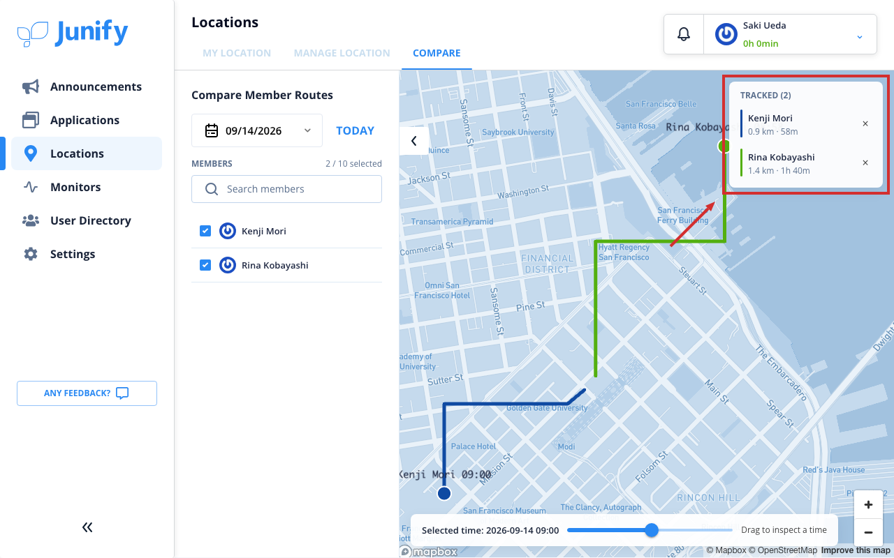 The page for comparing routes, with the chosen members listed at the top right