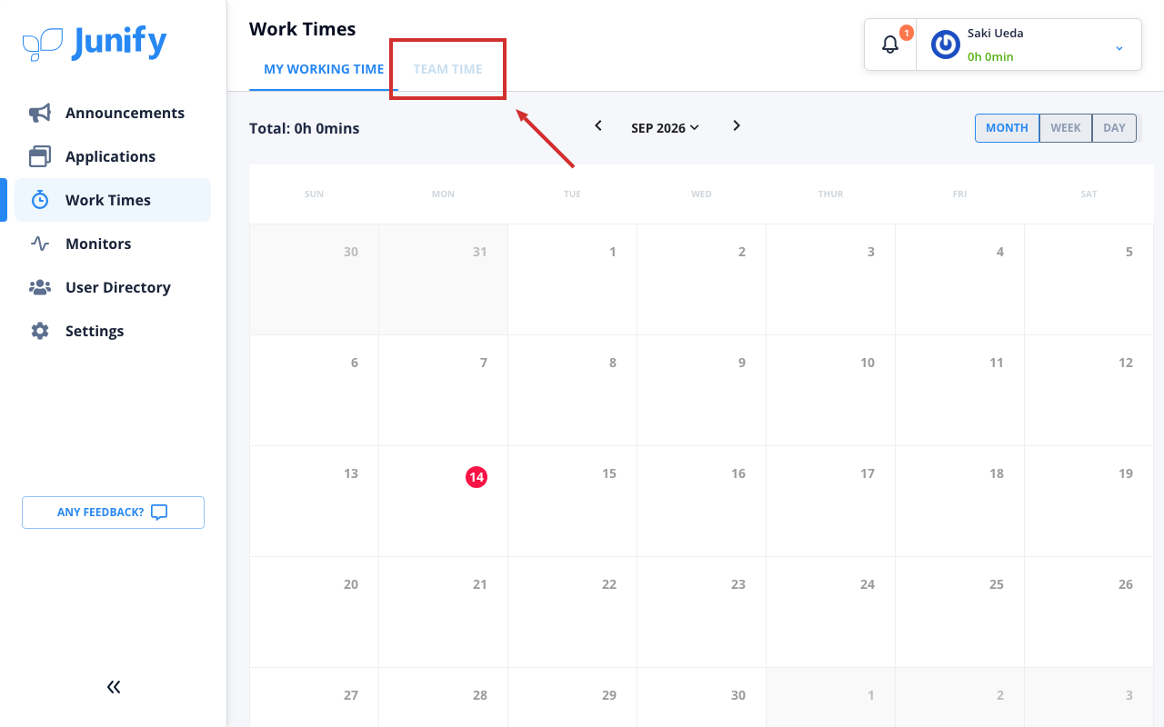The Work Times page, showing your own calendar for the month, with tabs at the top