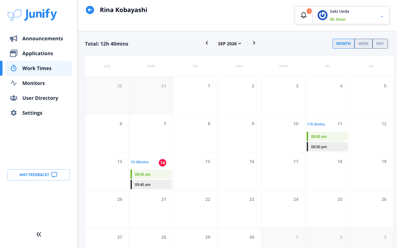 A member's calendar for the month, with start and end times on the days they worked