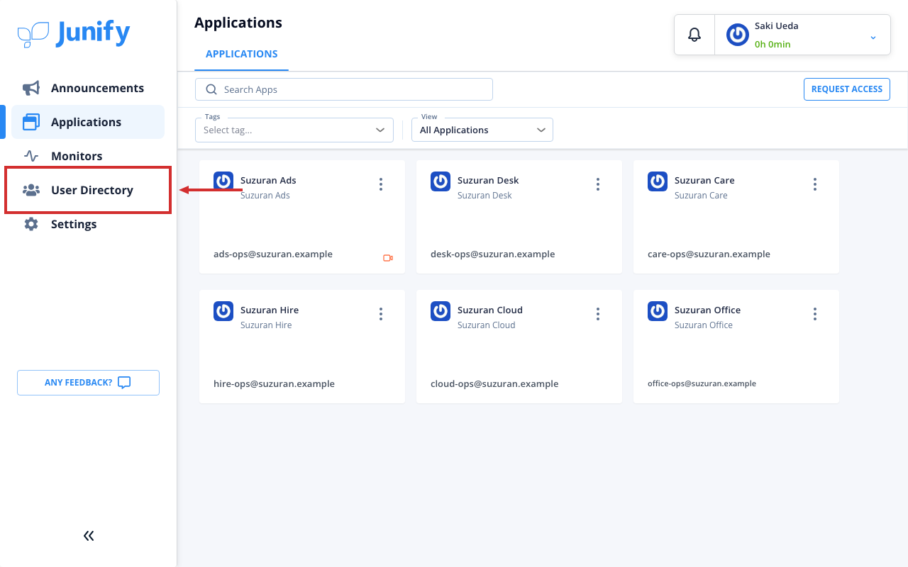 The applications page, with the menu on the left