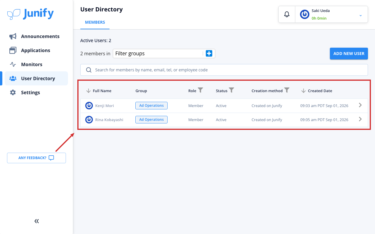 The user directory, showing the members of the groups you lead