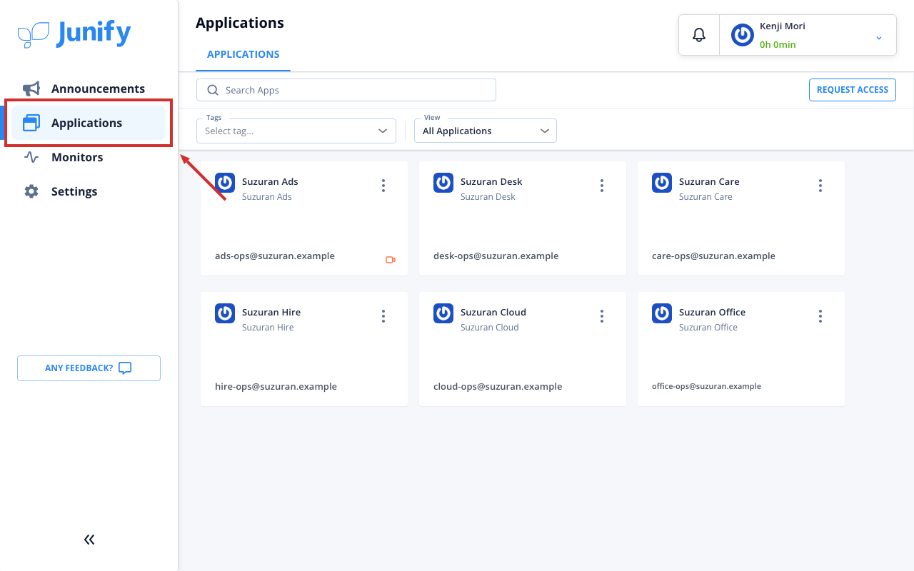 The applications page, with the menu on the left
