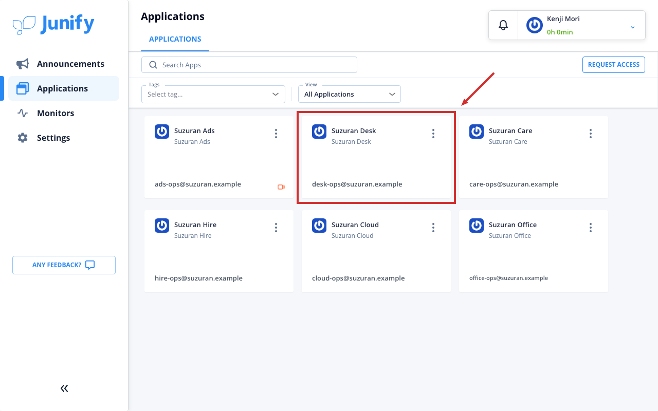 The applications page, showing a card for each app you can use