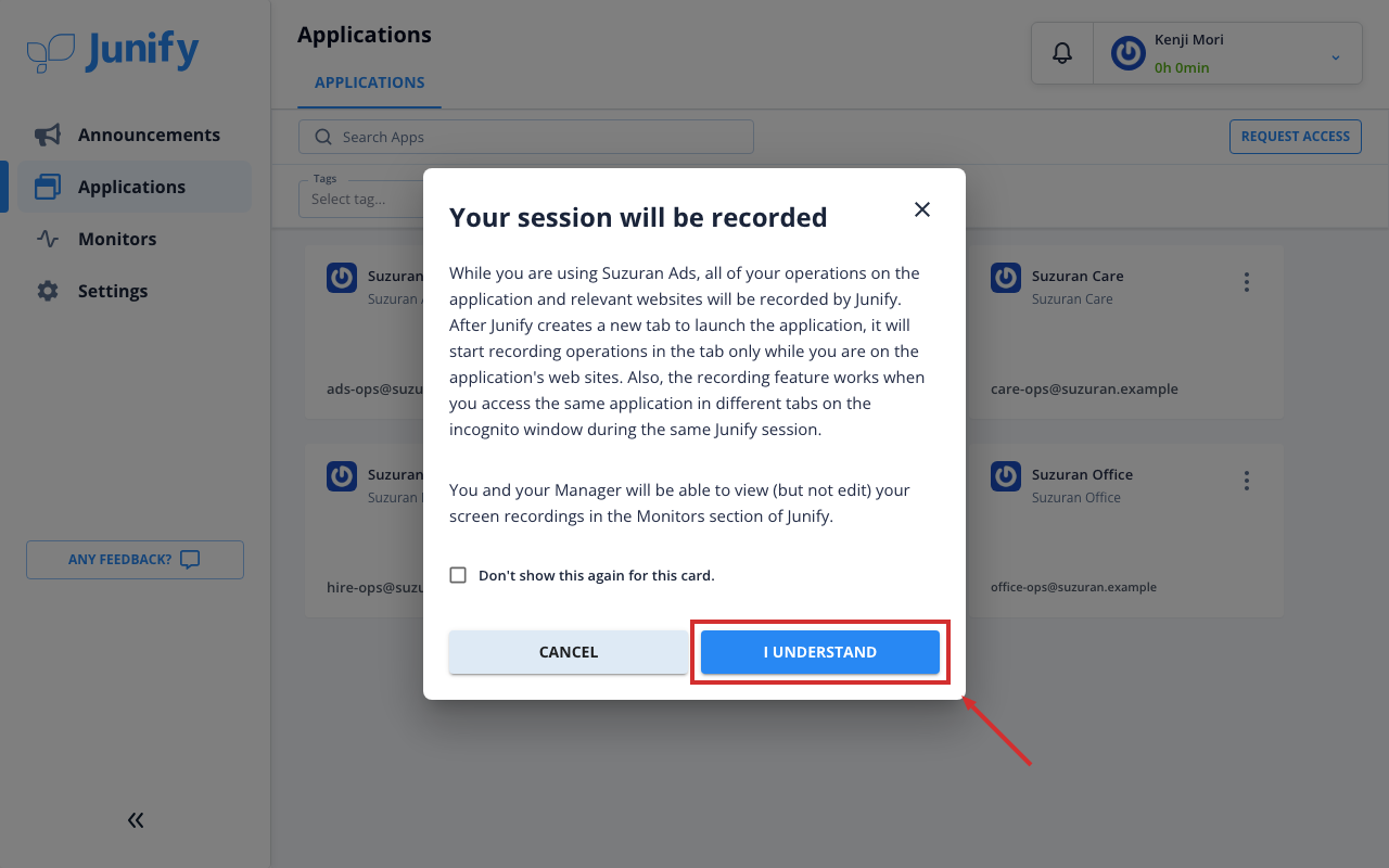 The notice saying that your work in the app will be recorded
