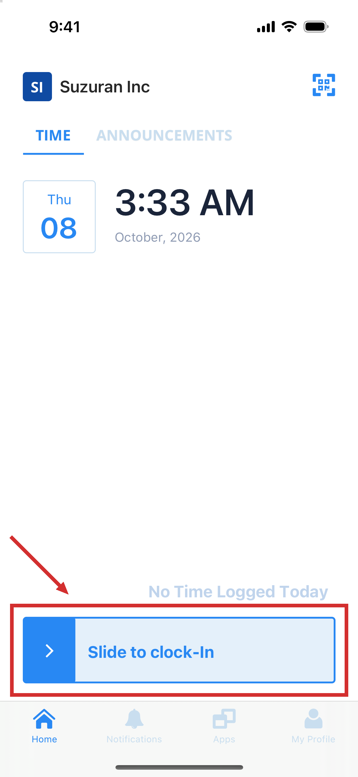 The app's home screen, with a bar to start work at the bottom