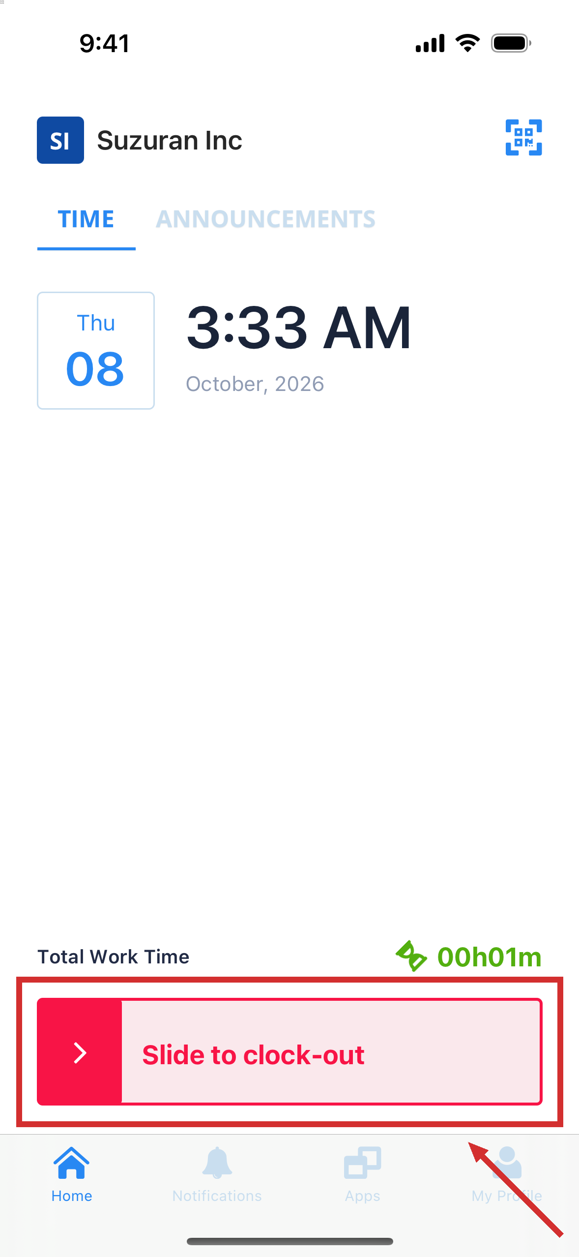 The home screen while you are working, with a red bar to stop work at the bottom