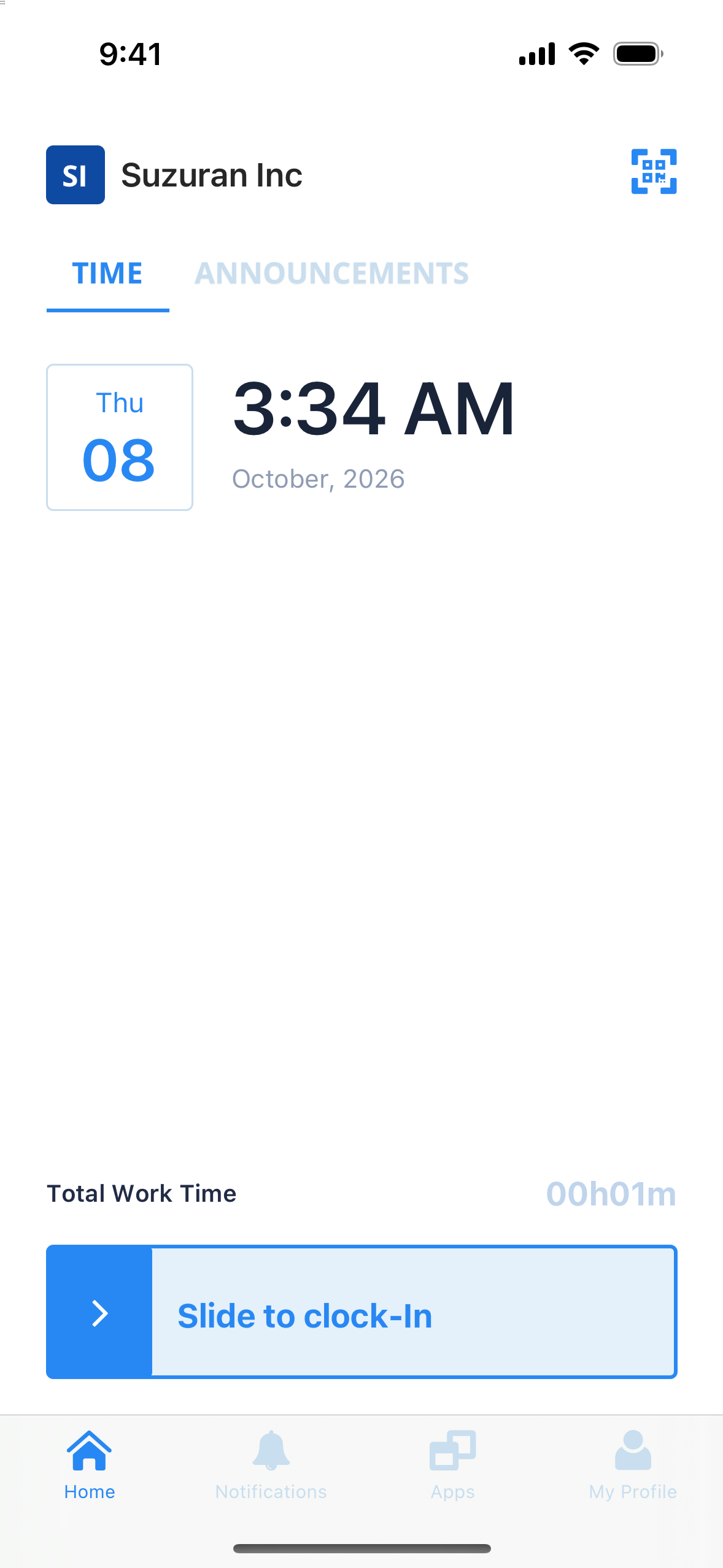 The home screen after work has stopped, with the bar to start work again at the bottom
