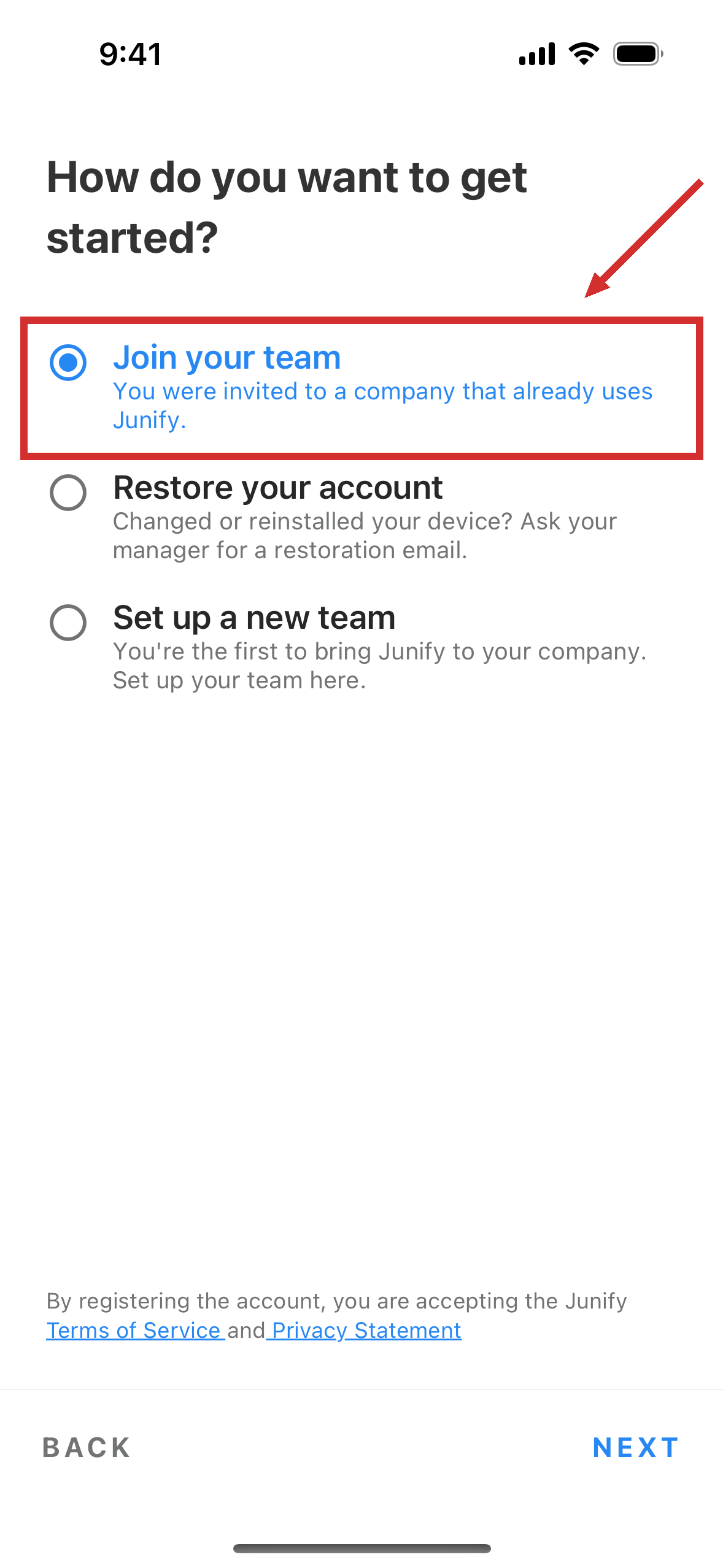 A screen that asks how you want to get started, with three choices