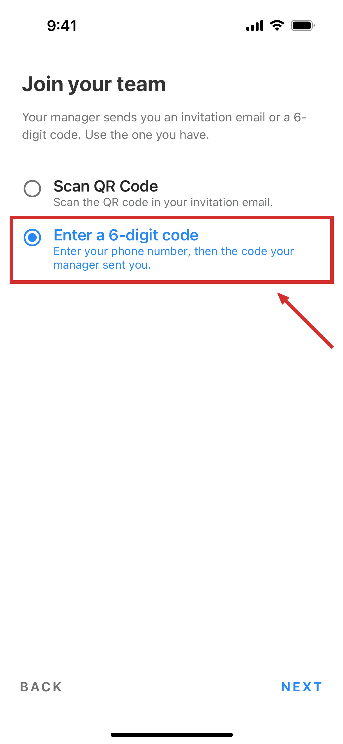 The screen for joining your team, with two ways to join