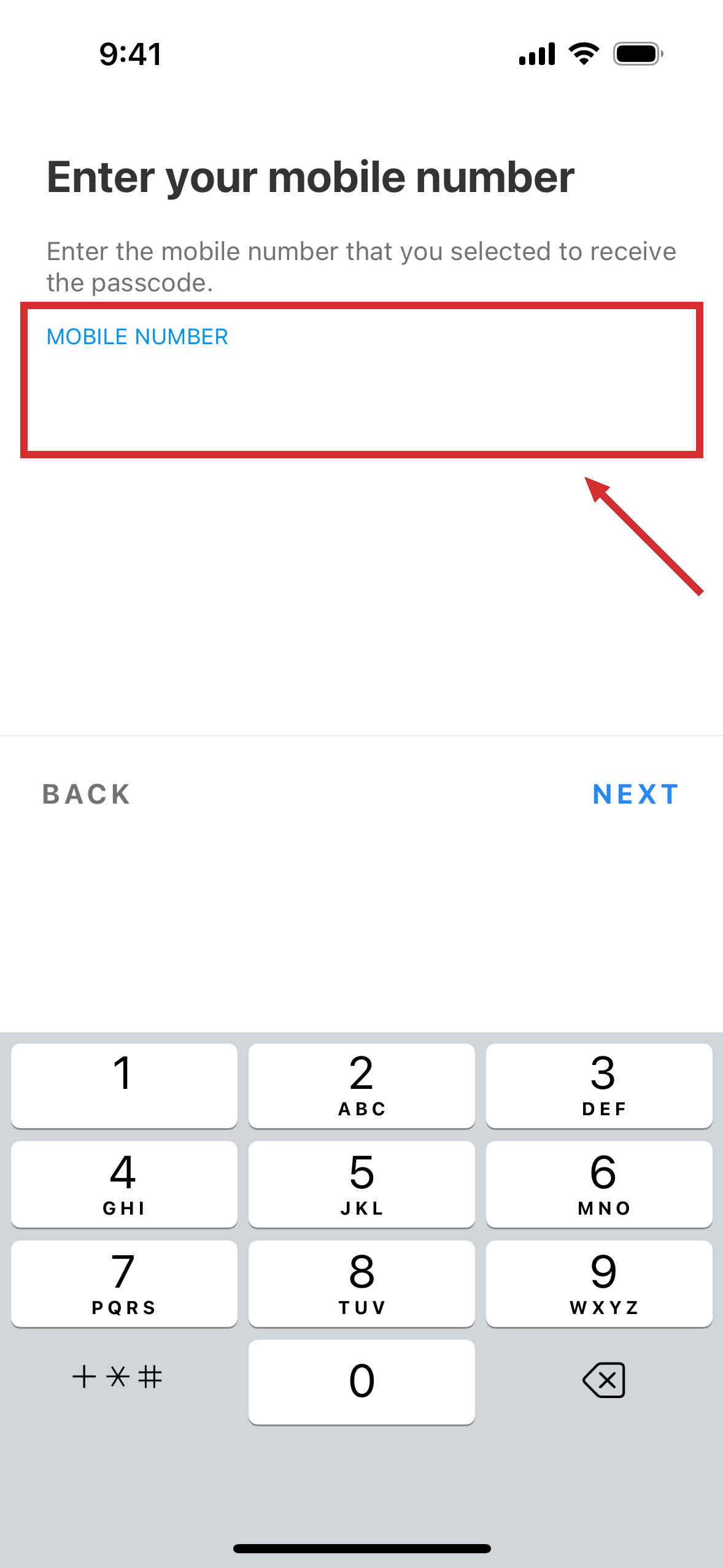 The screen for entering your mobile number, with a number keypad below