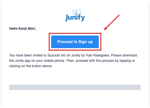 The invitation email, with a button to start sign-up and a note to install the Junify app