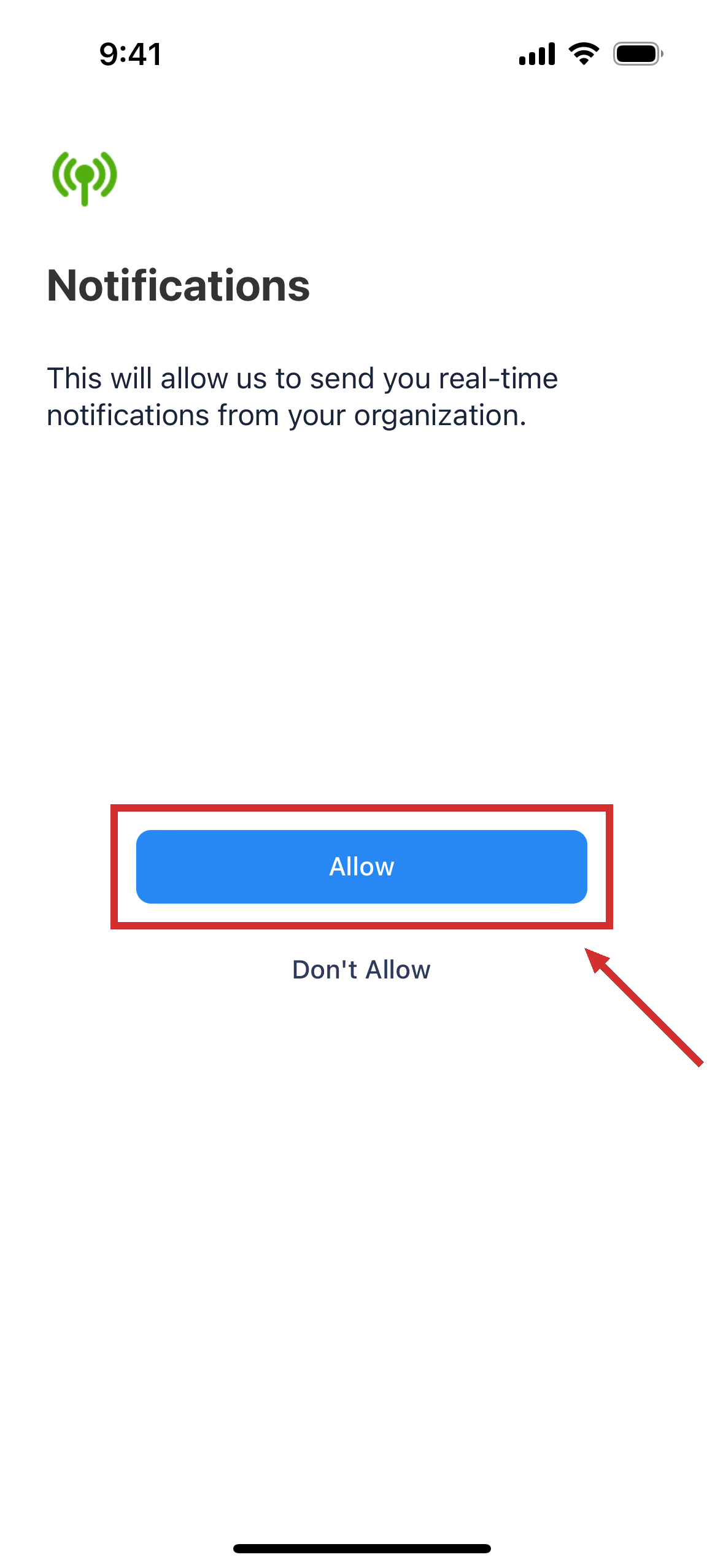 The notifications screen, with buttons to allow or decline notifications