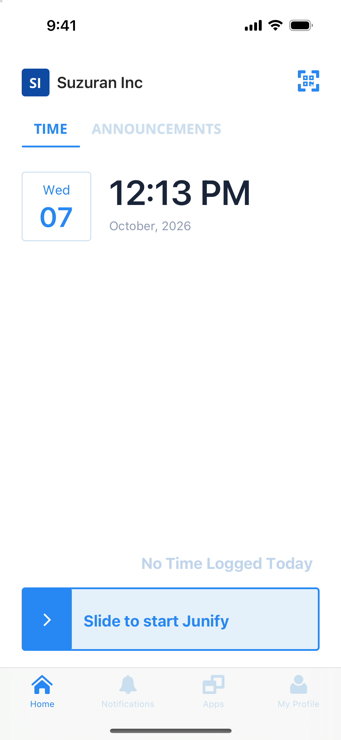 The app's home screen, with your organization's name at the top