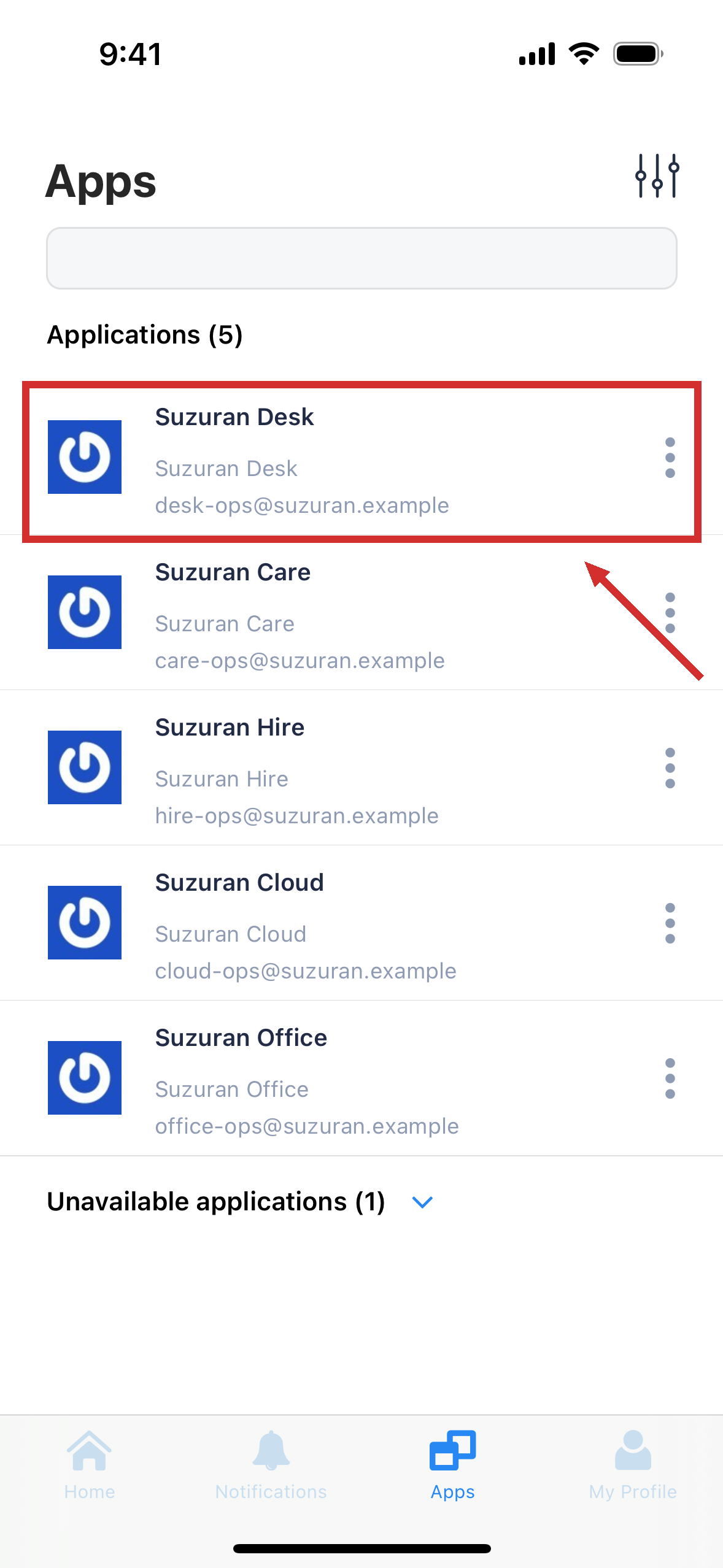 The Apps screen, with a list of app cards