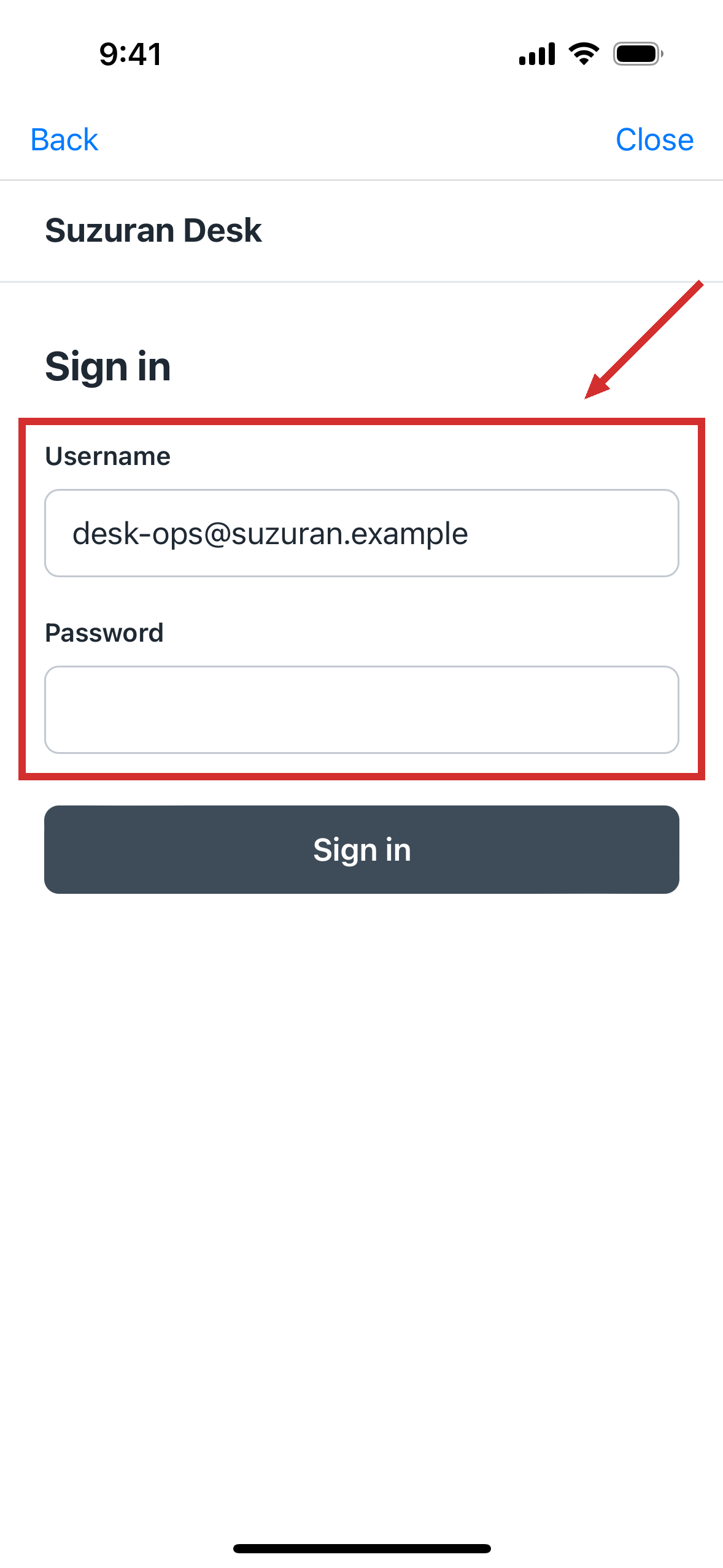 The work app's sign-in page, open inside the Junify app, with the username filled in
