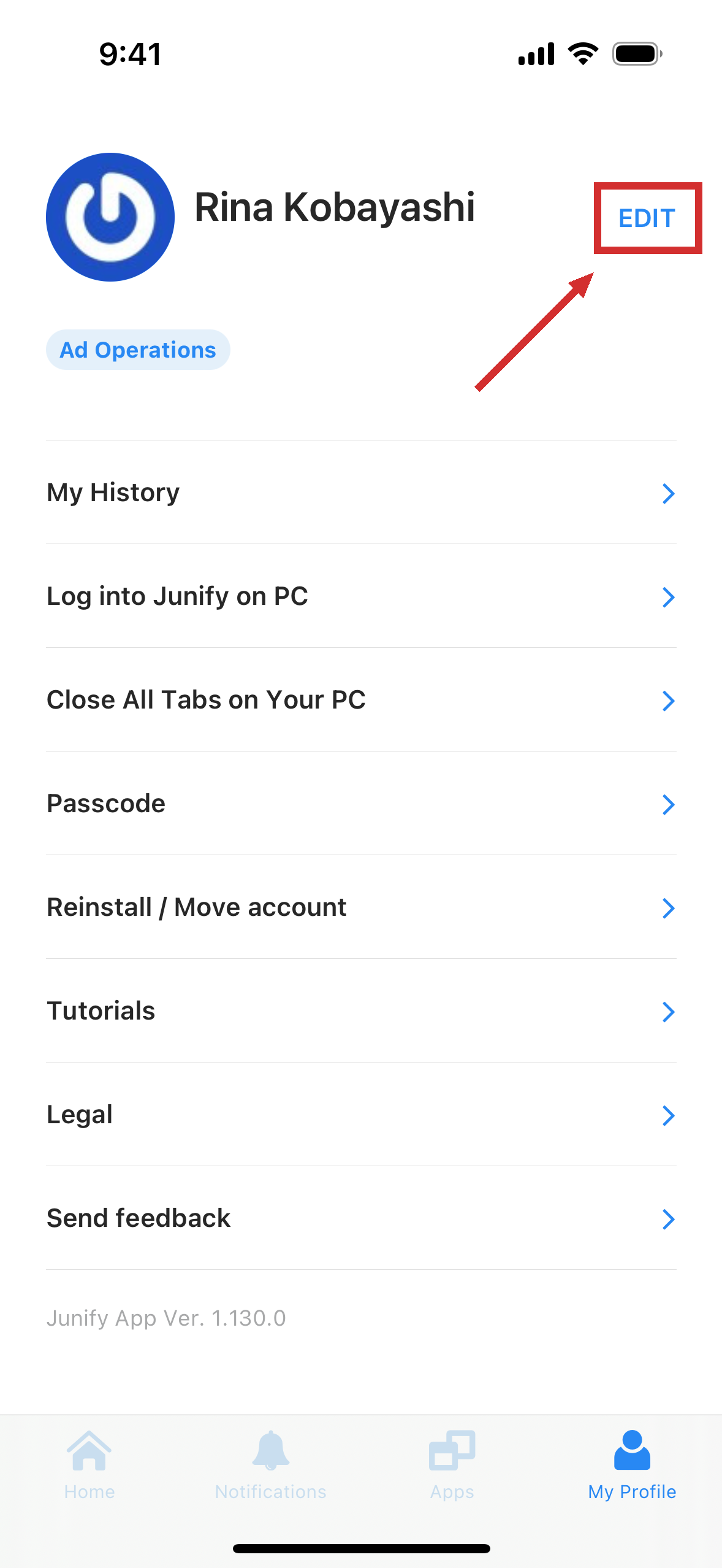 Your profile screen, with your name at the top and a list of options below