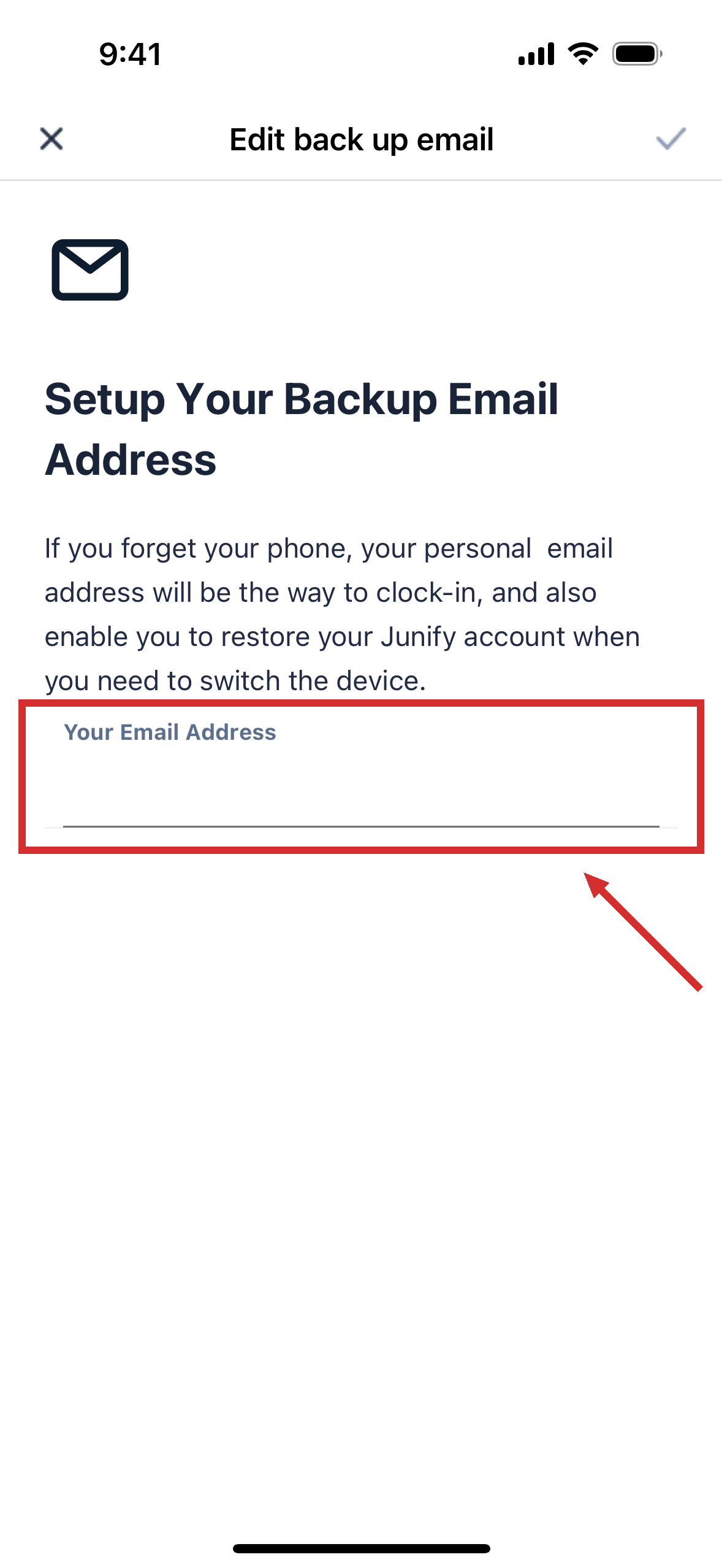 The screen for setting up a backup email address, with a field for the address