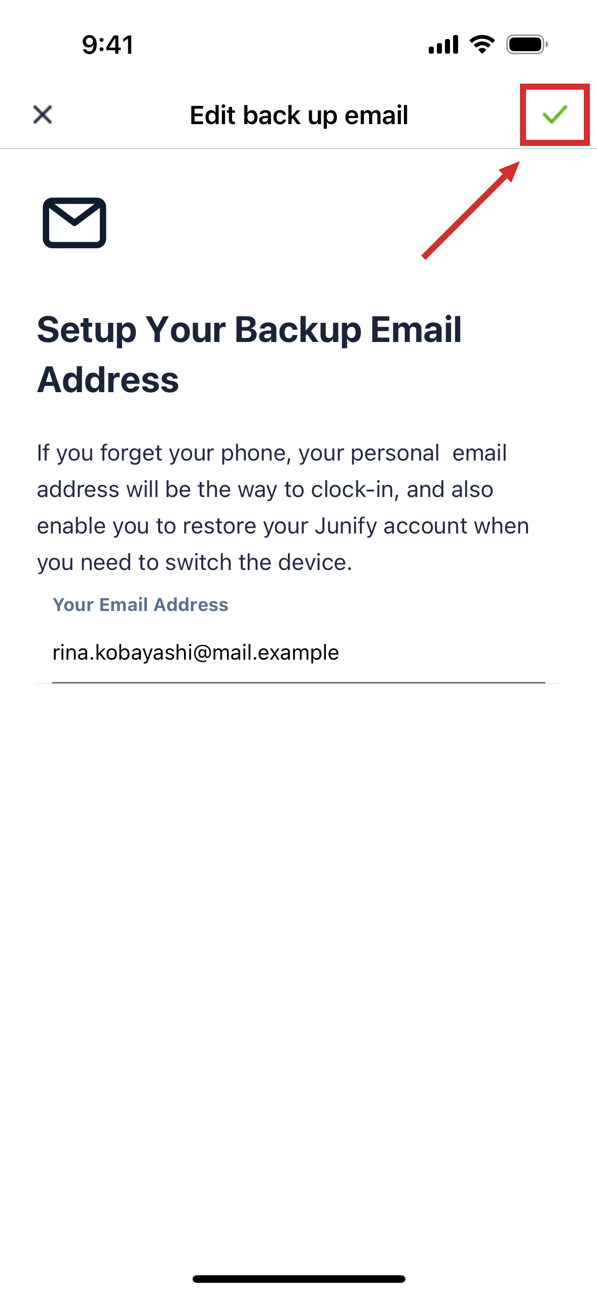 The backup email setup screen, with an email address entered