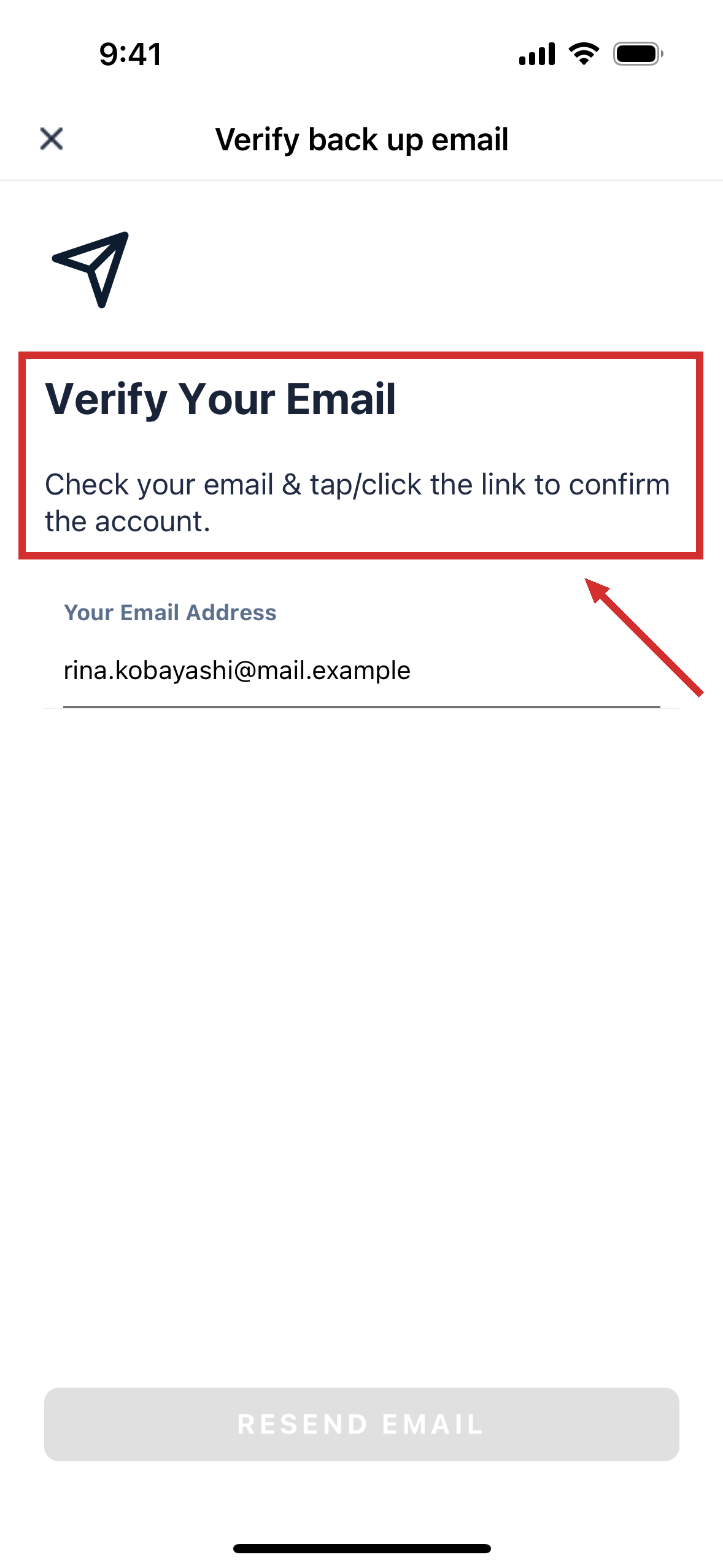A screen asking you to check your email and tap the link to confirm the address