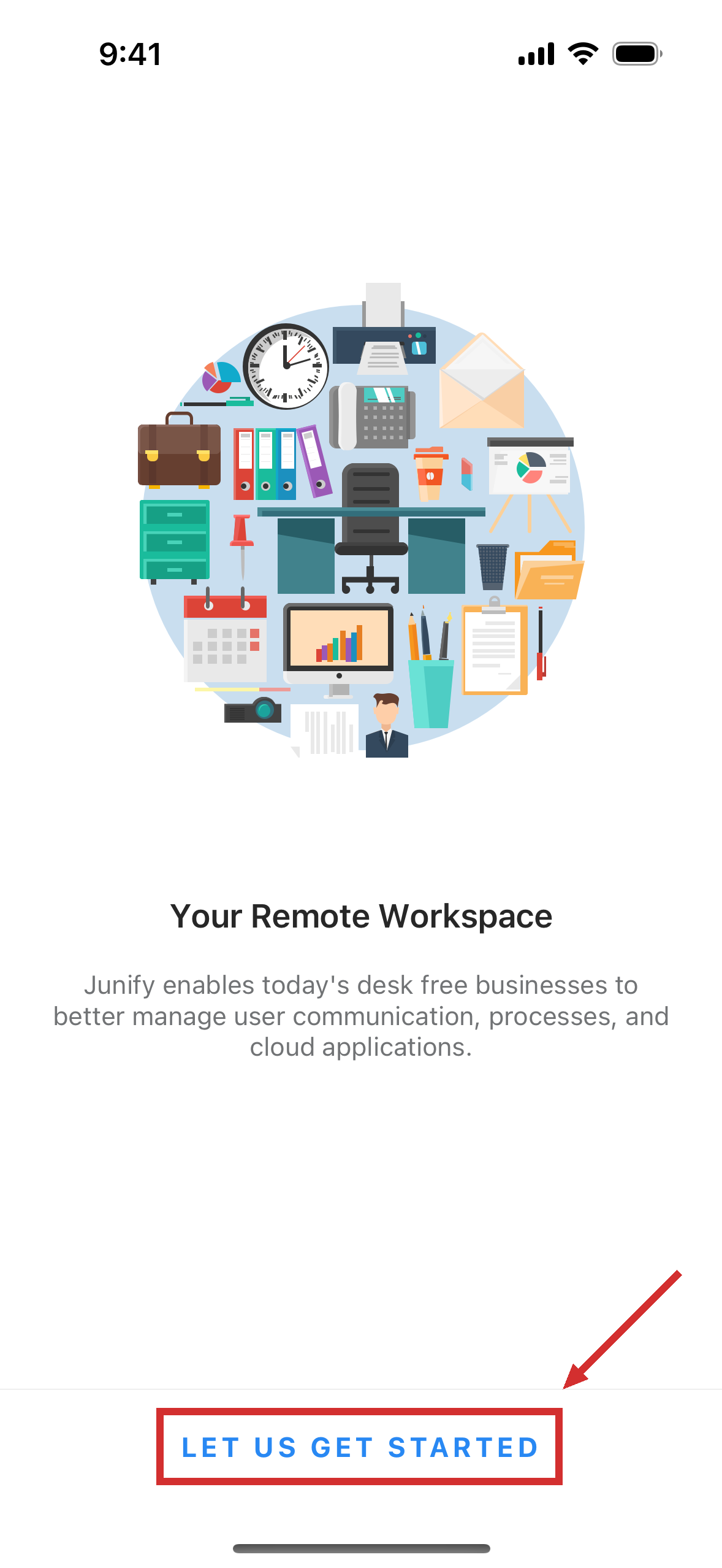 The app's first screen, with a short introduction to Junify and a button to get started