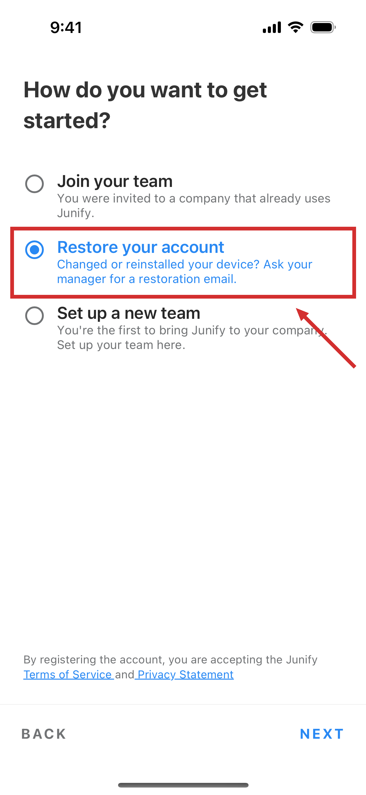 A screen that asks how you want to get started, with three choices