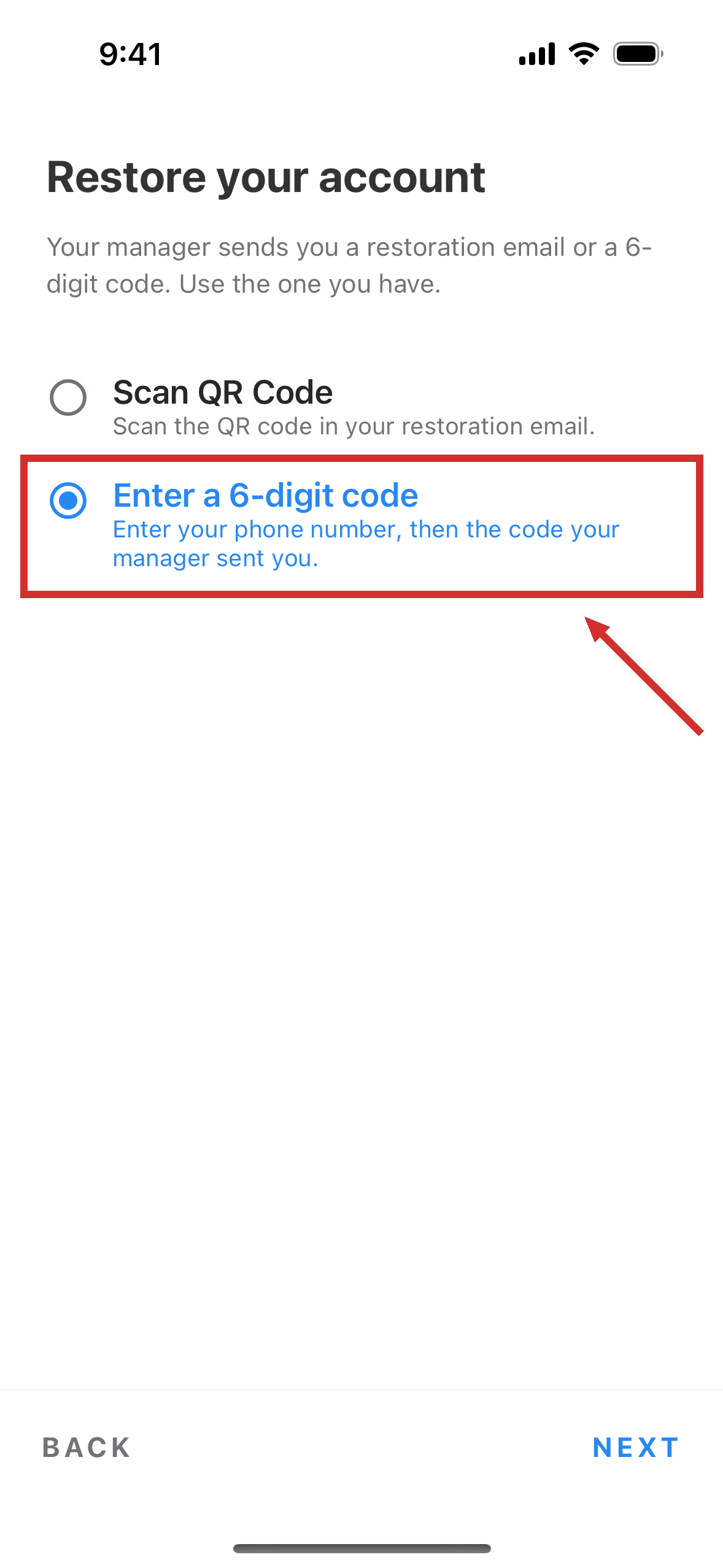 The screen for restoring your account, with two ways to restore it