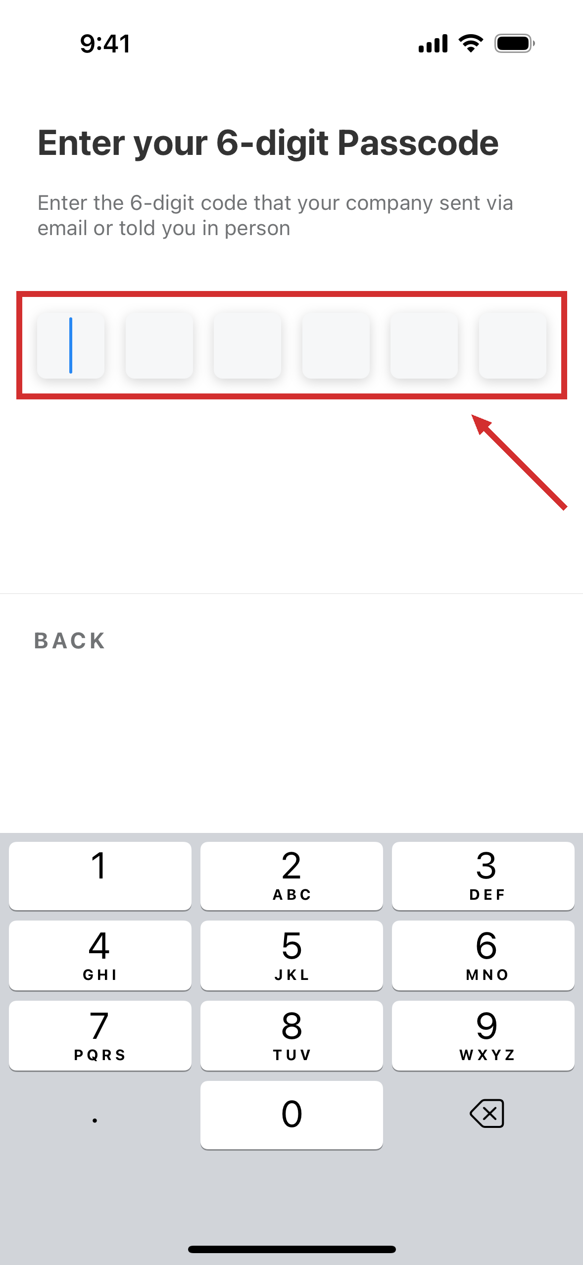 The code screen, with six boxes for the code and a number keypad