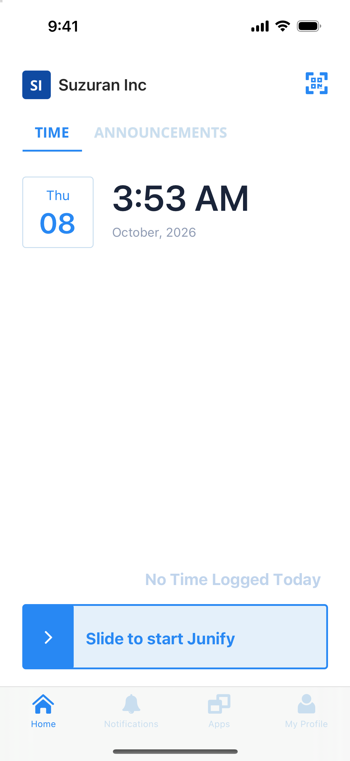 The app's home screen, with your organization's name at the top