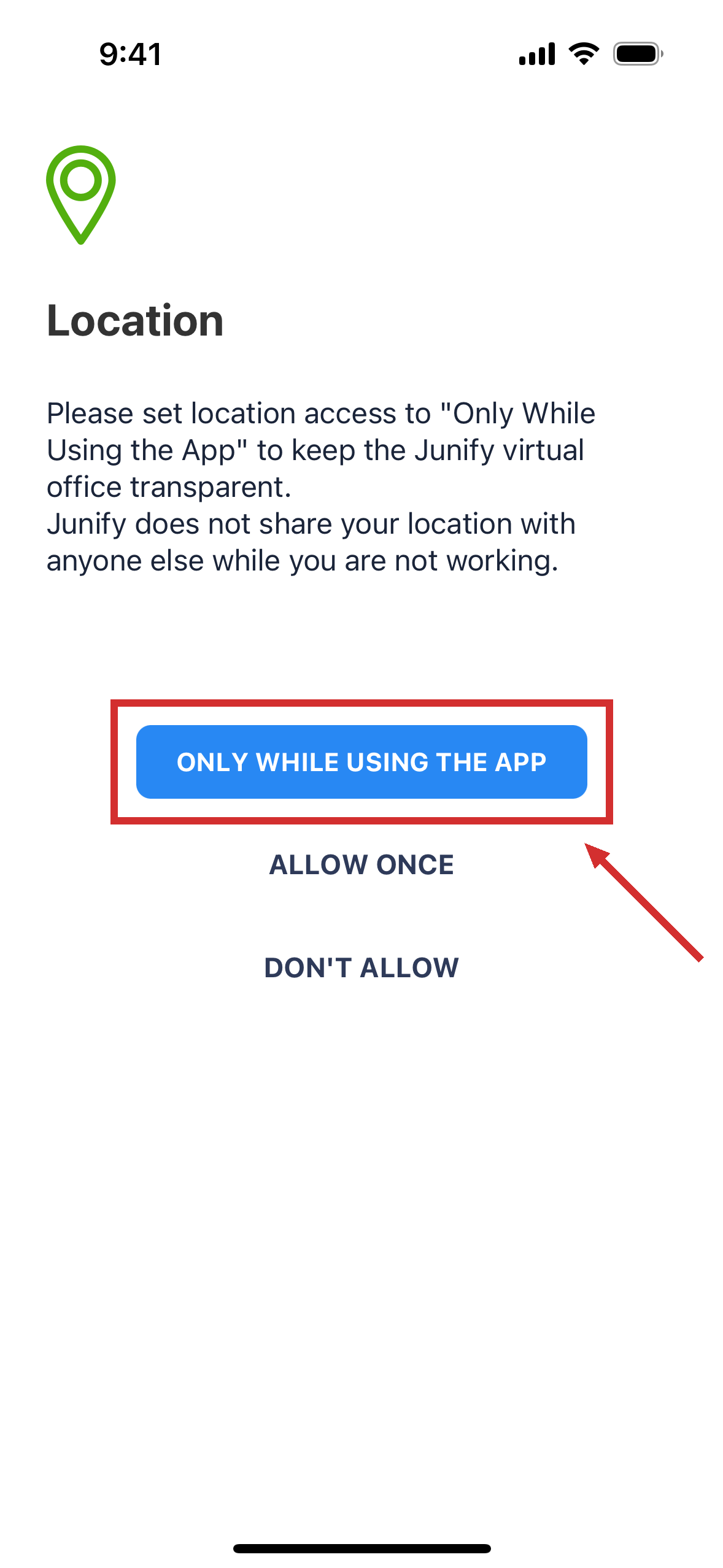 The app's location screen, which explains why it needs your location, with three buttons