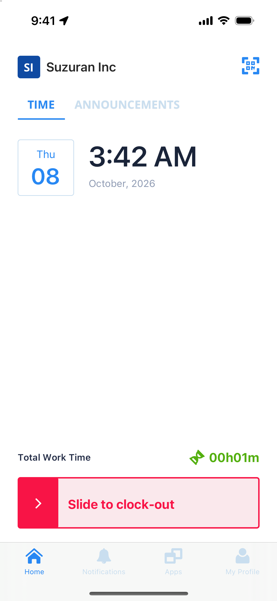 The home screen while you are working, with a red bar to stop work at the bottom